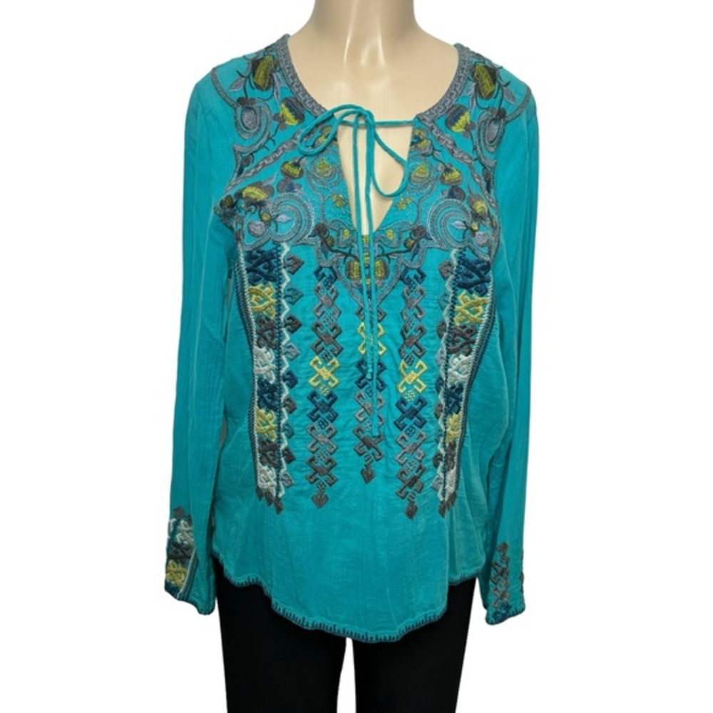 Johnny Was Teal Embroidered Blouse